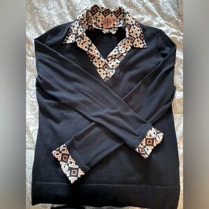 Tory Burch navy sweater with removable collar and cuffs.